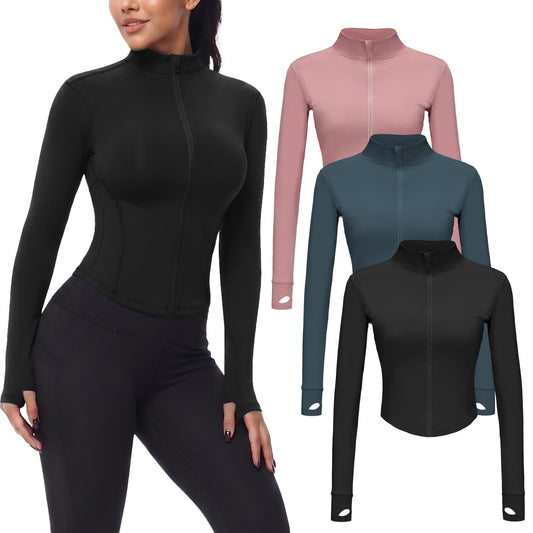 Dalavch 3 Pack Womens Cropped Full Zip up Workout Jacket with Thumb Holes