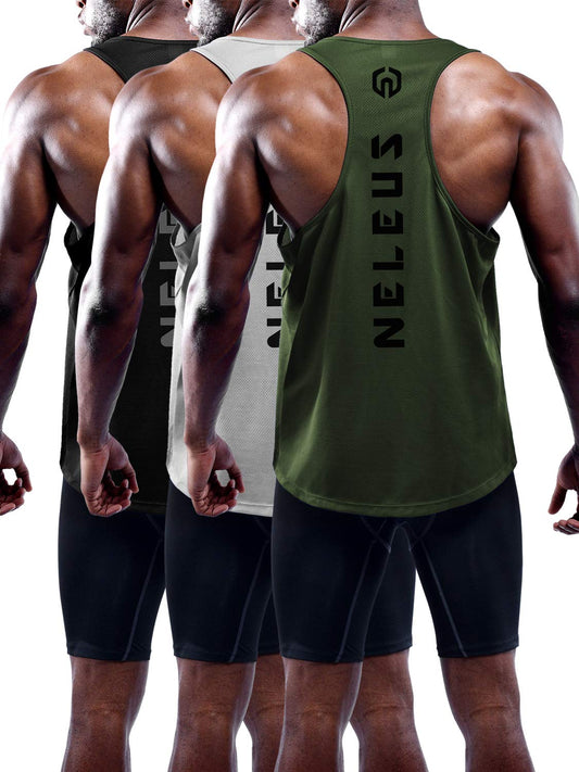 NELEUS Men's 3 Pack Dry Fit Y-Back Muscle Tank Workout Gym Shirt,5031,Black,Grey,Olive Green,2XL