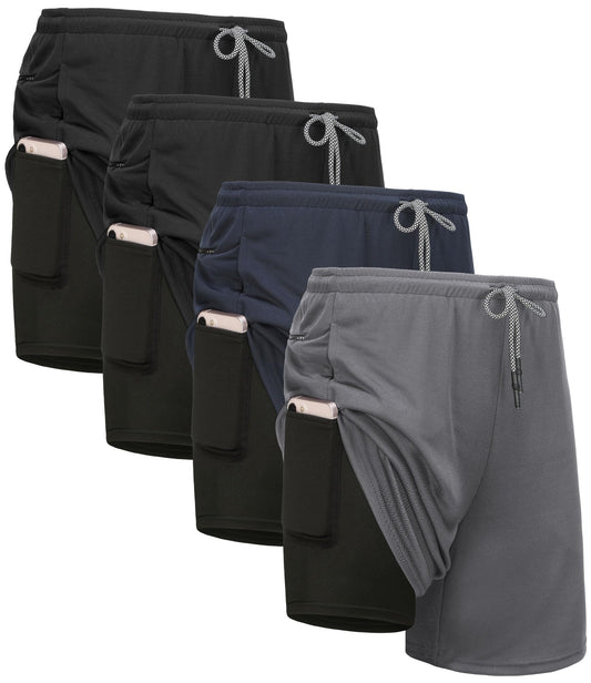Kinglaman 4 Pack Men's 2 in 1 Lined Running Shorts Gym Athletic Shorts